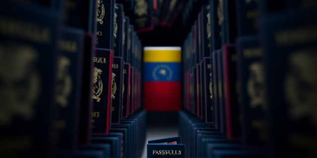 Una imagen conceptual que represente un laberinto de pasaportes oficiales, con un fondo que recuerde a la bandera de Venezuela difuminada. El laberinto debe tener una salida que se ilumina sutilmente, simbolizando la búsqueda de transparencia. Estilo artístico: neoexpresionismo con tonos oscuros y contrastes de luz.