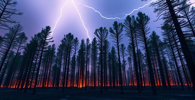 Bosque con árboles quemados y rayos en el cielo