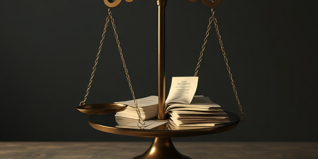 Una balanza de la justicia con una mano cubierta por una sombra oscura, y en el plato de la balanza, un laberinto de documentos burocráticos. Iluminación dramática, estilo pictórico, tonos grises y ocres.
