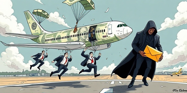Una ilustración conceptual y satírica. Un avión comercial de lujo hecho de billetes de banco que se desmorona, mientras tres hombres de negocios con trajes caros saltan en paracaídas alejándose del avión. En la pista de aterrizaje, una figura sombría y poderosa sostiene un sobre dorado. Estilo de caricatura editorial de periódico, colores contrastados, atmósfera de traición y codicia.