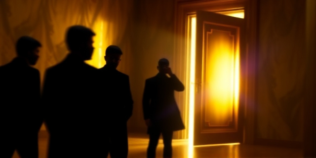 Una composición abstracta que evoque una puerta dorada ligeramente entreabierta, con siluetas difuminadas intentando acceder. La luz se filtra de forma desigual, creando contrastes dramáticos entre la oscuridad y el brillo. Colores: dorado, negro, morado intenso, toques de neón. Estilo: Surrealista, con elementos de arte digital y pintura al óleo.