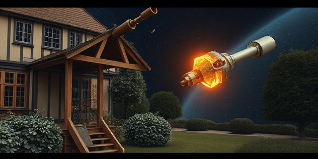 Una ilustración conceptual que contraste un antiguo telescopio de madera y metal en un jardín inglés del siglo XVIII con la silueta tecnológica y brillante del telescopio James Webb en el vacío del espacio, estilo collage artístico con tonos sepia y azul profundo, sin personas.