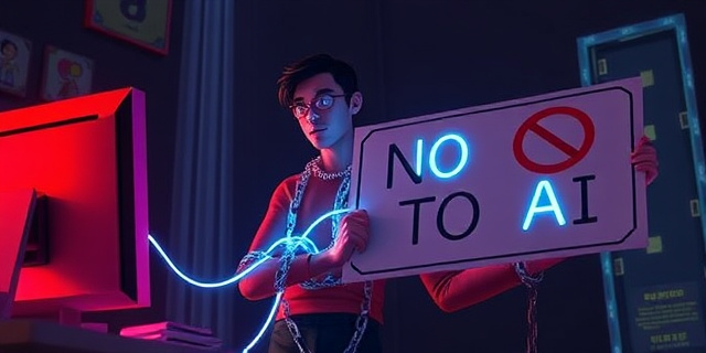 Una ilustración conceptual y satírica que muestre a una persona moderna encadenada por cables brillantes de fibra óptica a un ordenador, mientras sostiene un cartel de protesta que dice 