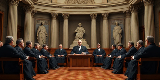 Un grupo de magistrados del Tribunal Constitucional reunidos en un salón de actos, con un fondo de estatuas y columnas, discutiendo sobre un tema importante