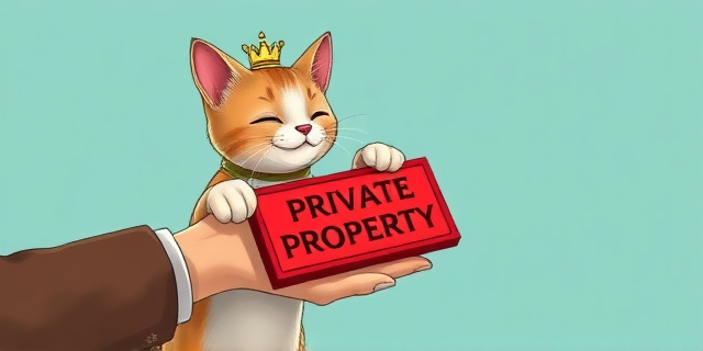 Una ilustración satírica y conceptual de un gato doméstico con una corona pequeña y elegante, colocando un sello de caucho rojo que dice 