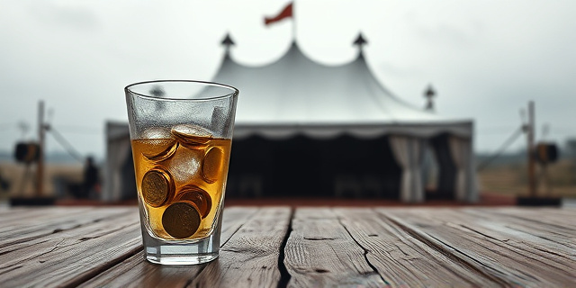 Una ilustración conceptual satírica. En primer plano, una copa de rebujito sobre una mesa de madera rústica, pero en lugar de hielo, tiene monedas de oro y sellos oficiales del gobierno. Al fondo, la silueta de una caseta de feria andaluza transformada en un edificio ministerial gris y frío. Estilo editorial de revista política, colores contrastados, atmósfera de secretismo y opulencia.
