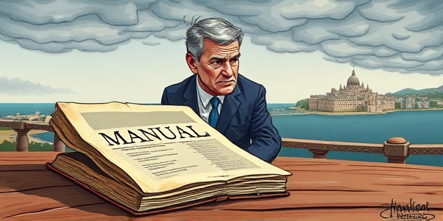 Una ilustración conceptual y satírica. Un libro antiguo y desgastado con el título borroso sobre una mesa de madera, mientras una figura política esquiva la mirada mirando un gráfico económico abstracto. Al fondo, la silueta de una ciudad costera mediterránea bajo un cielo tormentoso. Estilo de caricatura editorial de periódico, colores contrastados, atmósfera de tensión política.