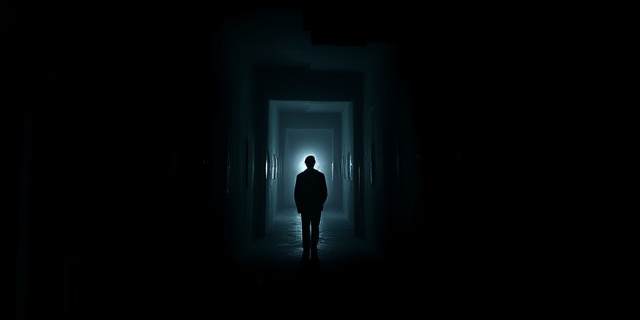 Imagen abstracta en tonos oscuros que representa un laberinto de pasillos con una luz tenue al final. Siluetas humanas indistintas se mueven entre las sombras. La atmósfera debe evocar intriga, secretismo y una sensación de claustrofobia. Estilo pictórico expresionista con pinceladas gruesas y texturas marcadas.