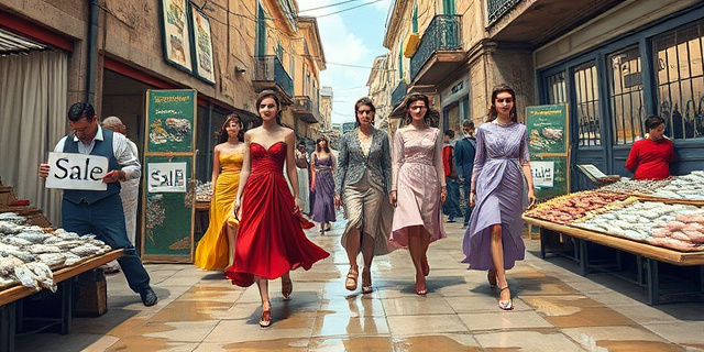 Una ilustración satírica de un desfile de moda surrealista en un antiguo mercado de pescado mediterráneo. Modelos con ropa extravagante desfilando sobre superficies húmedas y rústicas, mientras comerciantes con caras de preocupación sostienen carteles de 