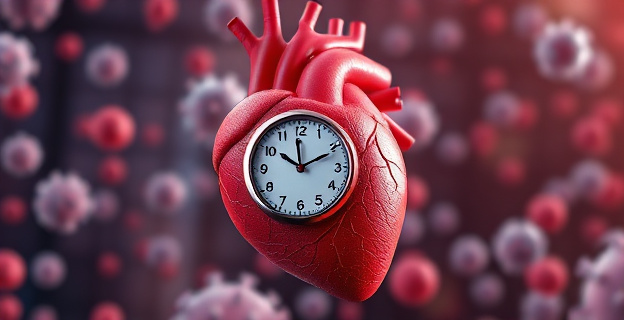 Imagen conceptual de un corazón humano con un reloj biológico en el centro, rodeado de glóbulos blancos y células inmunitarias en diferentes estados de actividad según la hora del día.