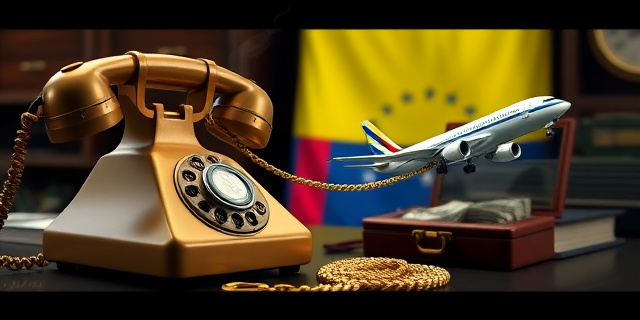 Una ilustración conceptual y satírica. Un teléfono antiguo de disco donde el cable se transforma en una cadena de oro que conecta un avión comercial con un maletín lleno de billetes y una bandera de Venezuela difuminada al fondo. Estilo editorial de revista política, colores contrastados, atmósfera de despacho oscuro y humo de cigarro.