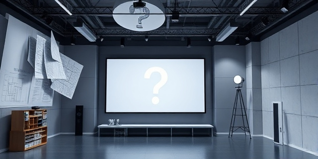 Una ilustración conceptual de un estudio de televisión moderno y minimalista en construcción, con planos arquitectónicos flotando y una pantalla gigante que muestra un signo de interrogación elegante. Estilo editorial de revista, colores sobrios, iluminación cinematográfica, sin personas reales.