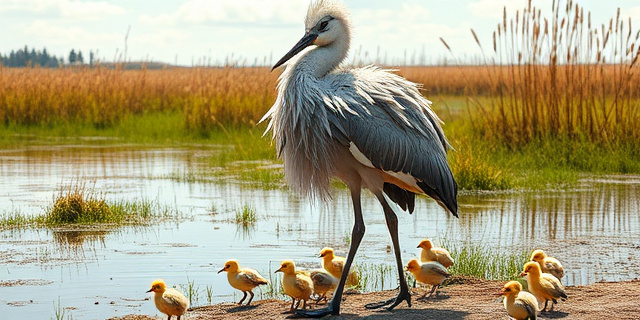 Una ilustración conceptual y surrealista de una persona disfrazada de grulla gigante y torpe, con plumas sintéticas y colores apagados, caminando por un pantano soleado de Minnesota junto a pequeños polluelos de grulla. Estilo de arte editorial moderno, colores vibrantes pero con un toque irónico, enfoque en la textura de las plumas artificiales contrastando con la naturaleza real.