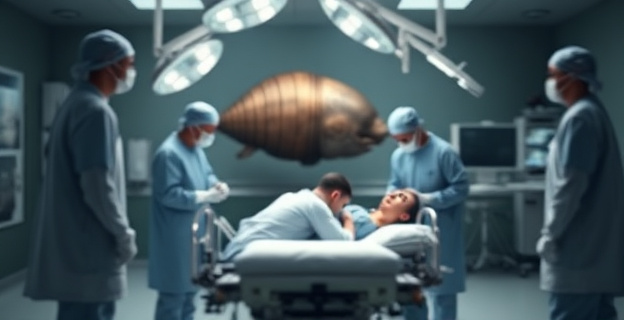 Un quirófano con un equipo médico alrededor de una camilla donde yace un paciente con una expresión de dolor. En una imagen borrosa al fondo, se ve un obús antiguo. La escena está iluminada con luces de quirófano y hay un ambiente de tensión.