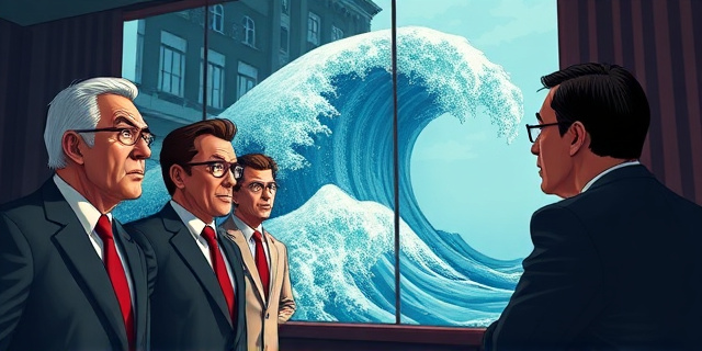 Una ilustración satírica de estilo editorial. Un grupo de ejecutivos con trajes caros y expresiones de pánico total, mirando a través de una ventana un tsunami gigante compuesto por circuitos integrados y códigos binarios con estética oriental que se aproxima a sus oficinas de cristal. Colores contrastados, sombras dramáticas, estilo arte conceptual moderno.