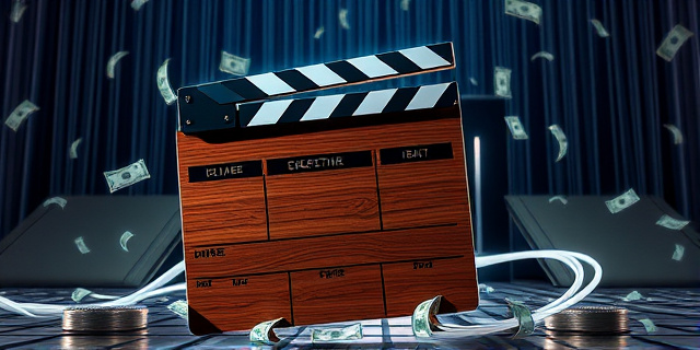 Una ilustración conceptual y satírica donde una claqueta de cine clásica de madera está siendo fusionada con circuitos integrados y cables de fibra óptica brillantes. Al fondo, una lluvia de billetes de dólares cae sobre un lienzo de cine rasgado, estilo arte digital moderno con contrastes fuertes entre lo analógico y lo tecnológico.