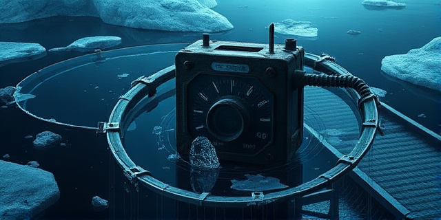 Una ilustración conceptual y surrealista de un termostato antiguo y oxidado flotando en un océano gélido y oscuro, con grietas de hielo expandiéndose alrededor y una cinta transportadora de agua que se desvanece en el vacío, estilo arte digital cinematográfico, colores fríos y atmósfera apocalíptica.
