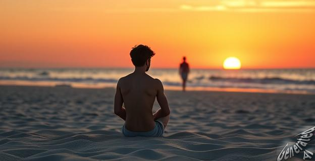 Una playa al atardecer, con una pareja joven caminando de espaldas hacia el horizonte. El cielo está pintado con tonos cálidos de naranja y rosa, simbolizando el final del verano y el comienzo de una nueva etapa. En primer plano, una persona sentada en la arena, mirando al mar con una expresión serena pero melancólica.