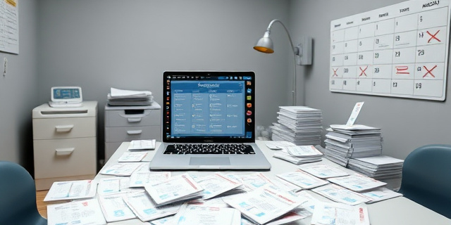 Una sala de consulta desordenada con una mesa llena de papeles y fichas de citas marcadas, una computadora portátil con la pantalla de la aplicación Sescam abierta mostrando citas fantasma, sin personas visibles, fondo gris y un calendario de pared con fechas tachadas.