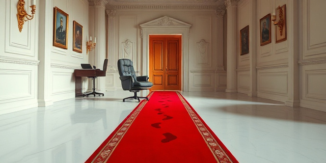 Una ilustración conceptual y satírica de un despacho oficial lujoso y vacío con una silla giratoria abandonada. En el suelo, una alfombra roja que se transforma en un camino de huellas que huyen hacia una puerta abierta. Estilo editorial de revista, colores fríos y sombras dramáticas, atmósfera de misterio y burocracia vacía.