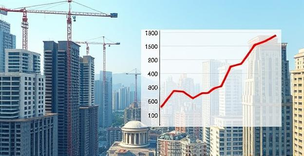 Una ciudad en construcción con edificios altos y densos, contrastando con un gráfico que muestra la caída de los precios de alquiler