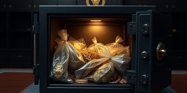 Una imagen conceptual y satírica: una caja fuerte abierta donde se mezclan joyas opulentas de oro y piedras preciosas con bolsas de plástico transparentes de basura. Al fondo, un escritorio de oficina gubernamental sobrio y oscuro, con un sello oficial y un pasaporte diplomático. Estilo cinematográfico, iluminación dramática de claroscuro, alta resolución.