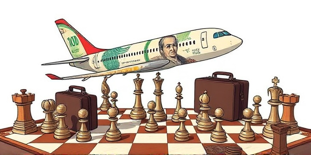 Una ilustración conceptual satírica. Un avión de lujo hecho de billetes de banco volando sobre un tablero de ajedrez donde las piezas son maletines de cuero y sellos oficiales de gobierno. El estilo debe ser de caricatura editorial de periódico, con colores sobrios y un enfoque en la opulencia oculta tras documentos legales.