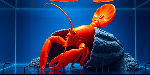 Una ilustración surrealista y vibrante de una langosta de color naranja brillante emergiendo de su antiguo caparazón grisáceo y opaco dentro de un tanque de acuario moderno. El estilo debe ser artístico, con contrastes fuertes entre el naranja neón y el azul profundo del agua, capturando el momento exacto de la muda como si fuera una obra de arte contemporánea.