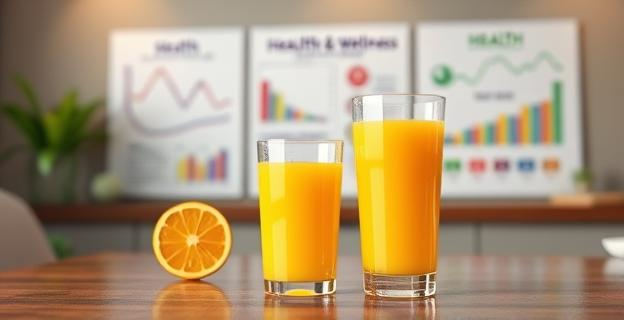 Un vaso de zumo de naranja en una mesa con un fondo de gráficos de salud y bienestar