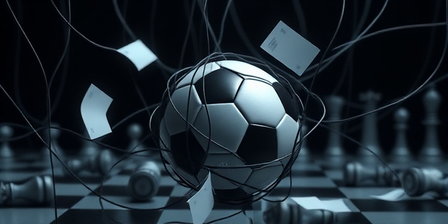 Una imagen abstracta que represente una pelota de fútbol atrapada en una red de cables y facturas, con un fondo que simule un tablero de ajedrez con piezas caídas. Colores oscuros y contrastados, con un toque de dramatismo.