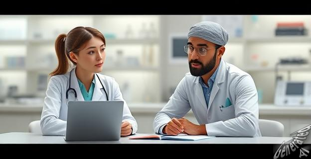 Dos investigadores, una mujer y un hombre, sentados en una mesa con un fondo de equipos de laboratorio, discutiendo sobre la salud cardiovascular.