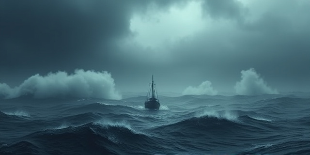 Una pequeña embarcación solitaria en medio de un océano vasto y tormentoso. El cielo es gris y amenazante, con olas gigantescas que se alzan alrededor del bote. La luz es tenue y dramática, resaltando la fragilidad de la embarcación y la determinación implícita del viaje. Estilo pictórico impresionista, colores oscuros y contrastados, enfatizando la inmensidad del océano y la soledad del navegante.