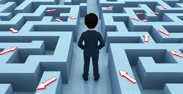 Una representación visual de una persona en un laberinto de opciones, con múltiples caminos y flechas indicando direcciones opuestas, reflejando la ansiedad y la duda en la toma de decisiones.