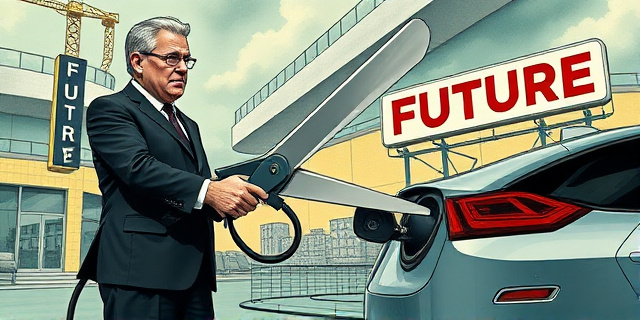Una ilustración satírica de un político con traje elegante recortando con unas tijeras gigantes un cable de carga de coche eléctrico, mientras detrás se ve una fábrica moderna de automóviles y un cartel que dice 