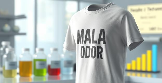 Una camiseta con un olor corporal masculino fuerte en un entorno de laboratorio con varios frascos de muestras y un gráfico de barras mostrando niveles de testosterona