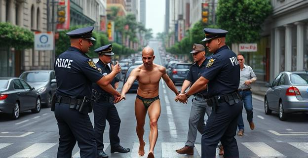 Una calle concurrida con policías deteniendo a un hombre desnudo en medio de la vía pública