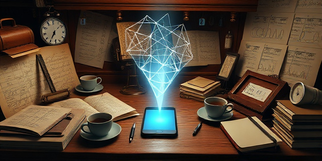 Una ilustración conceptual y satírica. Un escritorio antiguo de madera lleno de pergaminos matemáticos polvorientos, reglas de cálculo y tazas de café vacías. En el centro, un smartphone moderno y brillante emite un haz de luz neón que transforma los garabatos complejos en formas geométricas perfectas y flotantes. Estilo artístico digital, contraste entre lo académico clásico y el minimalismo tecnológico, atmósfera de asombro y caos.