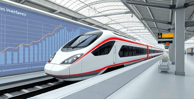 Una imagen de un tren de alta velocidad parado en una estación, con un fondo de gráficos que muestran la disminución de la inversión en mantenimiento ferroviario.
