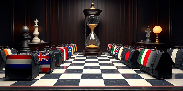 Una ilustración satírica y conceptual. Un tablero de ajedrez gigante donde las piezas son maletines diplomáticos y banderas internacionales. En el fondo, un reloj de arena que se agota rápidamente, simbolizando el tiempo político. Estilo editorial de revista, colores sobrios con contrastes fuertes, atmósfera de despacho de poder vacío y lujoso.