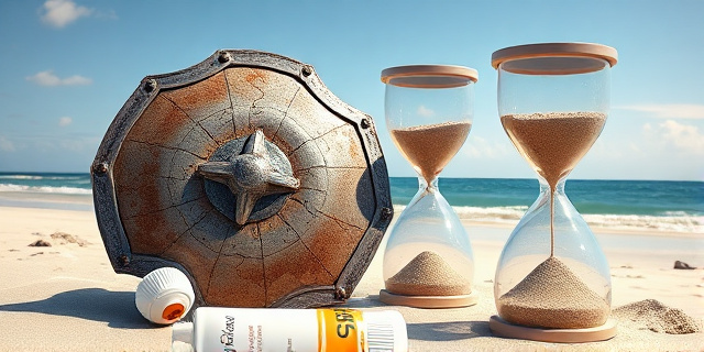 Una ilustración conceptual y satírica que muestra un tubo de crema solar transformándose en un escudo medieval oxidado y agrietado, colocado sobre una playa soleada. Al lado, un reloj de arena donde la arena es piel quemada. Estilo editorial moderno, colores vibrantes contrastados con tonos grises, sin rostros humanos definidos.