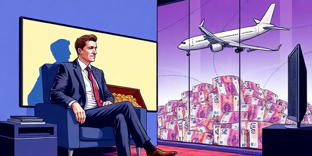 Una ilustración satírica de estilo editorial. Un hombre con traje elegante sentado en un set de televisión moderno, pero su sombra proyectada en la pared tiene la forma de un cofre del tesoro desbordando joyas brillantes. De fondo, un avión de línea comercial aterrizando sobre una montaña de billetes de euro, con un estilo de dibujo ácido y colores contrastados.