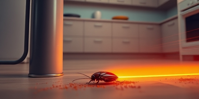 Una ilustración conceptual y satírica. En un lado, un spray insecticida industrial gris y aburrido; en el otro, una rama de canela brillante y poderosa rodeada de un aura dorada. En el suelo, una cucaracha con aspecto confundido y derrotado intentando retroceder ante una línea de polvo de canela que brilla como un muro láser. Estilo editorial moderno, colores contrastados, fondo de cocina minimalista.