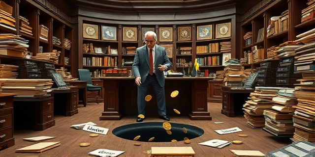 Una ilustración satírica y conceptual. Un escritorio burocrático masivo y polvoriento donde un funcionario con traje caro intenta recoger monedas que caen por un agujero negro en el suelo. Alrededor hay carpetas archivadas con el sello de 