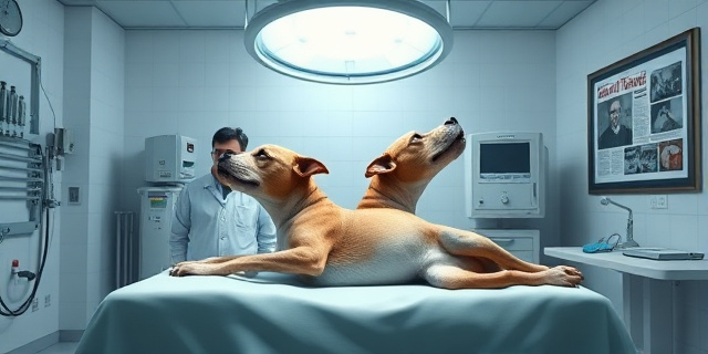 Un laboratorio con un perro de dos cabezas descansando sobre una mesa quirúrgica, dos cirujanos en bata blanca, instrumentos de operación y una luz fluorescente brillante. En la pared se cuelga una revista de la época con fotografías del experimento.