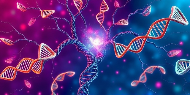 Representación abstracta de un árbol genealógico molecular, con filamentos de ADN entrelazados formando ramas y hojas. Colores vibrantes y bioluminiscentes, estilo arte digital futurista. En el centro, una nebulosa que simboliza la complejidad de la evolución. Sin rostros ni elementos figurativos.
