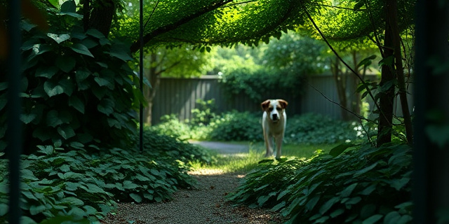 Un jardín urbano con una zona de hiedra espesa y sombra, un perro de fondo acercándose, resaltando la humedad y la presencia invisible de garrapatas, con tonos verdes y toques de luz filtrada.