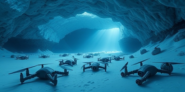 Un paisaje helado con restos de barcos hundidos, cuerpos momificados bajo la nieve, drones iluminando el interior del agua, tonos fríos y sombras profundas, sin rostros humanos identificables, evocando una atmósfera de misterio y desolación.