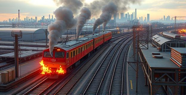 Estación de tren en llamas con señales de humo saliendo de las instalaciones ferroviarias en una zona industrial cerca de una gran ciudad
