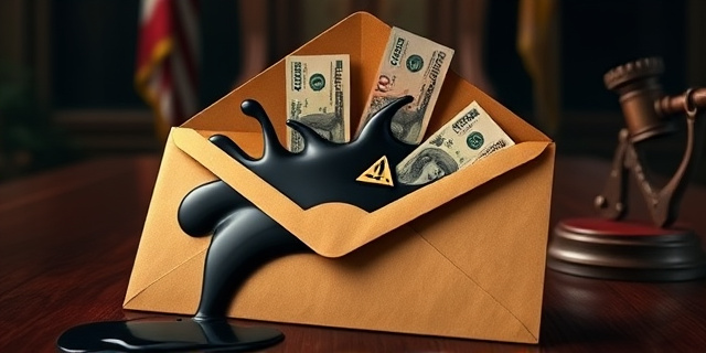 Una ilustración conceptual y satírica. Un sobre de papel antiguo con el logo de una petrolera, del cual brotan chorros de petróleo negro que se transforman en billetes de dólares y euros. El sobre está sobre una mesa de madera noble de oficina gubernamental, con un mazo de juez golpeando la mesa en segundo plano. Estilo editorial de revista política, colores contrastados, atmósfera de intriga y sombras profundas.