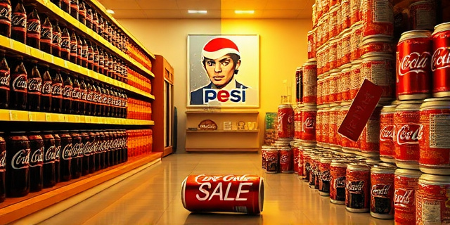 
  Una escena surrealista en un supermercado de los 80: dos estantes enfrentados. A la izquierda, una pila de latas de Coca-Cola Classic con etiquetas desgastadas y una luz cálida que las ilumina como reliquias. A la derecha, latas de New Coke apiladas desordenadamente, con etiquetas brillantes y un letrero de 